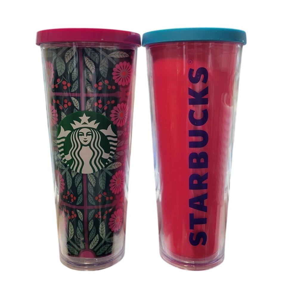Bundle of 2 Starbucks Venti 24oz Cold Cups - Tropical Floral & Pink/Blue Logo